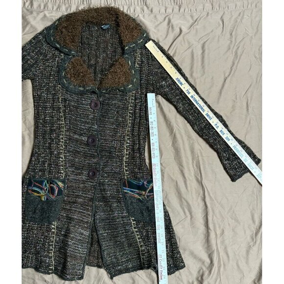 Y2K Sacred Threads Women's S Knit Coatigan Duster Sweater Cardigan  Faux Fur - Picture 4 of 8